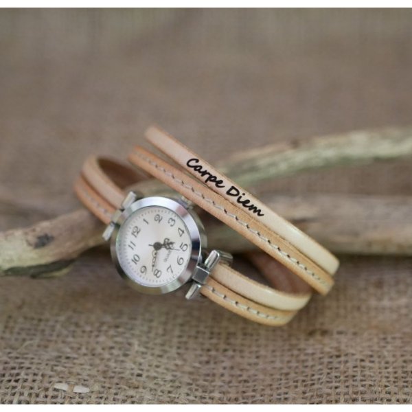 Montre bracelet double cuir surpiq&ucirc;res Naturel et seconde couleur au choix &agrave; personnaliser 