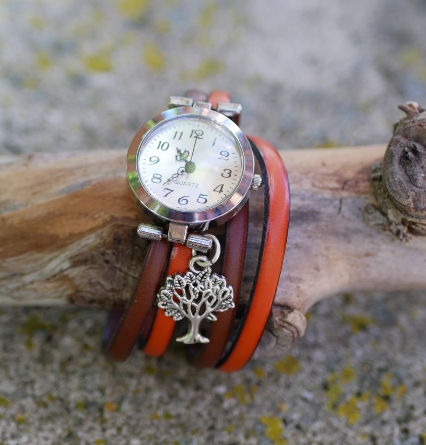 Montre bracelet double cuir cadran argenté couleur au choix à personnaliser 