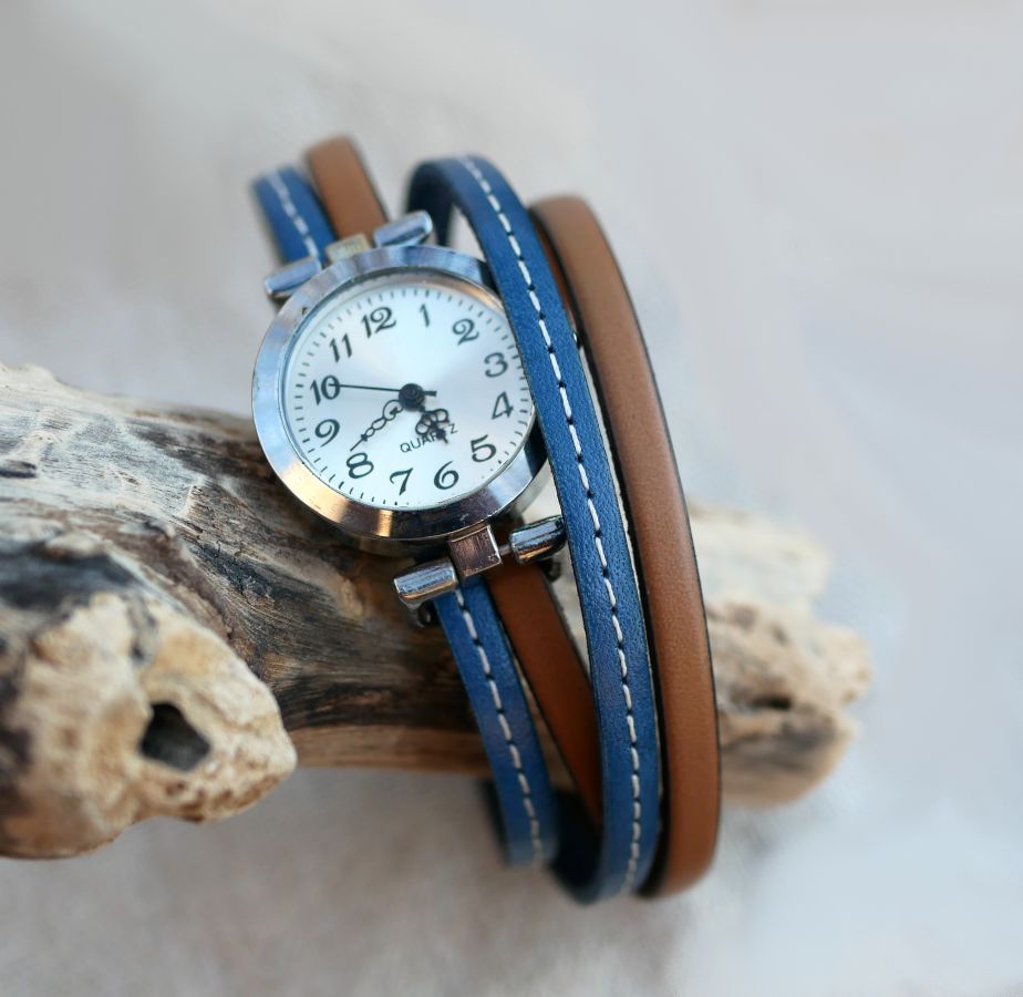 Montre bracelet double cuir surpiqûres Bleu et seconde couleur au choix à personnaliser 