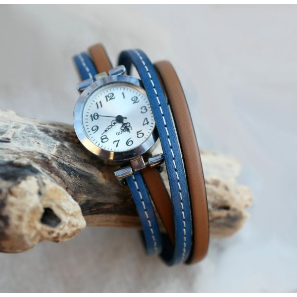 Montre bracelet double cuir surpiq&ucirc;res Bleu et seconde couleur au choix &agrave; personnaliser 