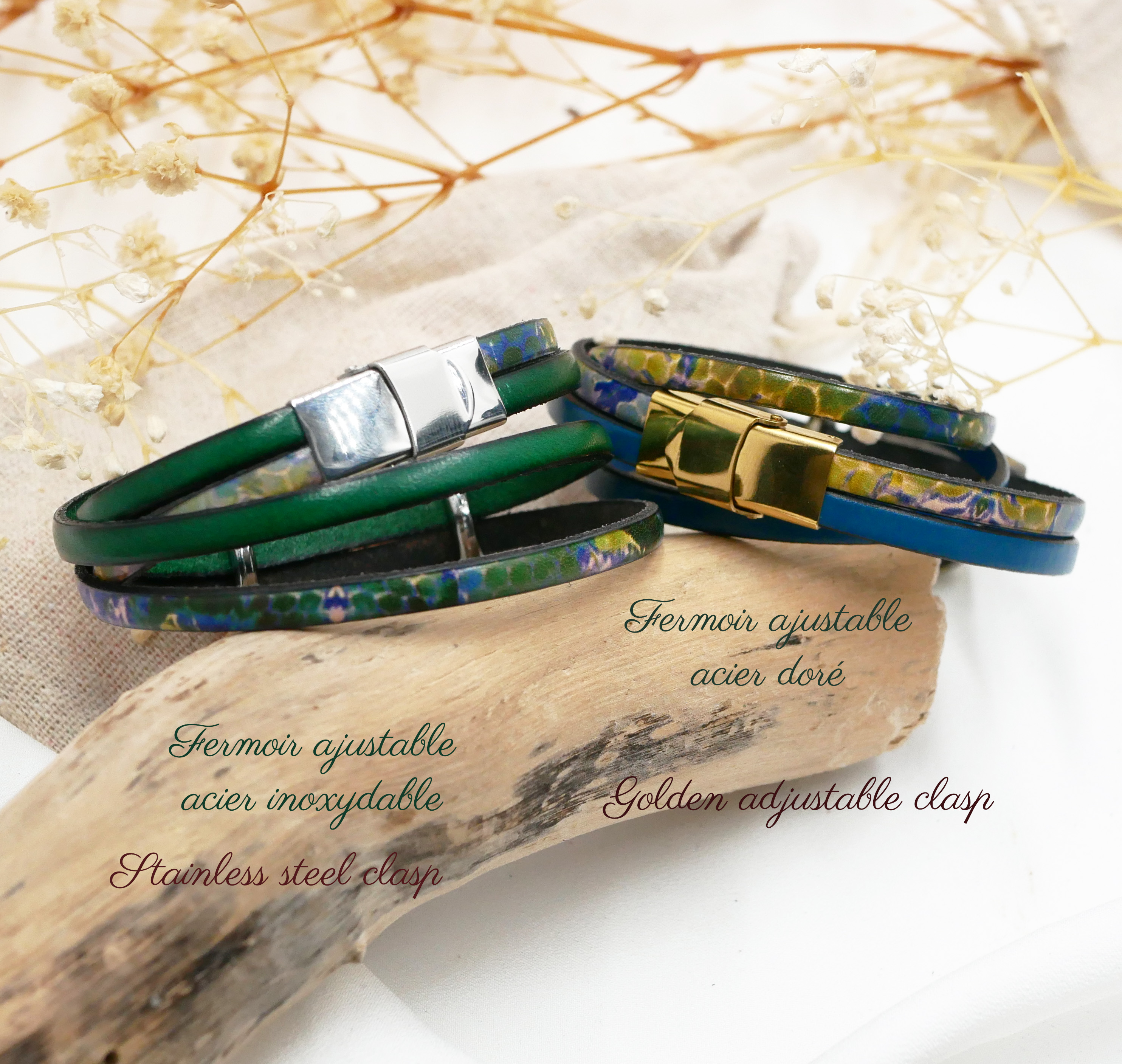 Montre bracelet double cuir imprimé impressionniste et couleur au choix à personnaliser 