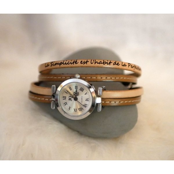 Montre bracelet double cuir surpiqûres couleur au choix à personnaliser 