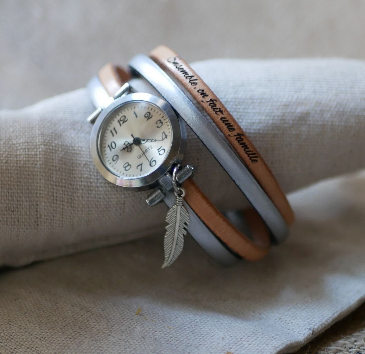 Montre bracelet double cuir cadran argenté couleur au choix à personnaliser 