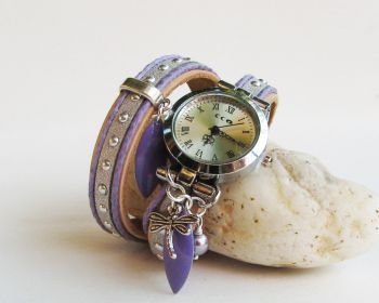 Montre bracelet double cuir argenté et lilas