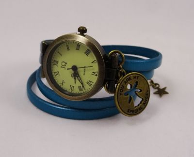 Montre bracelet double cuir turquoise décor ange