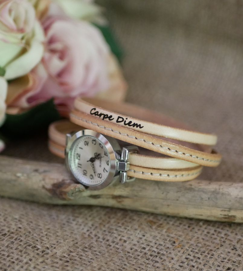 Montre bracelet double cuir surpiqûres Naturel et seconde couleur au choix à personnaliser 