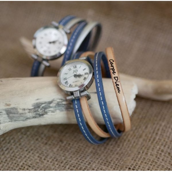 Montre bracelet double cuir surpiq&ucirc;res Bleu et seconde couleur au choix &agrave; personnaliser 