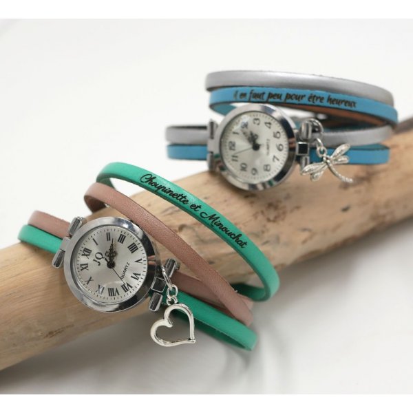 Montre bracelet double cuir cadran argenté couleur au choix à personnaliser 