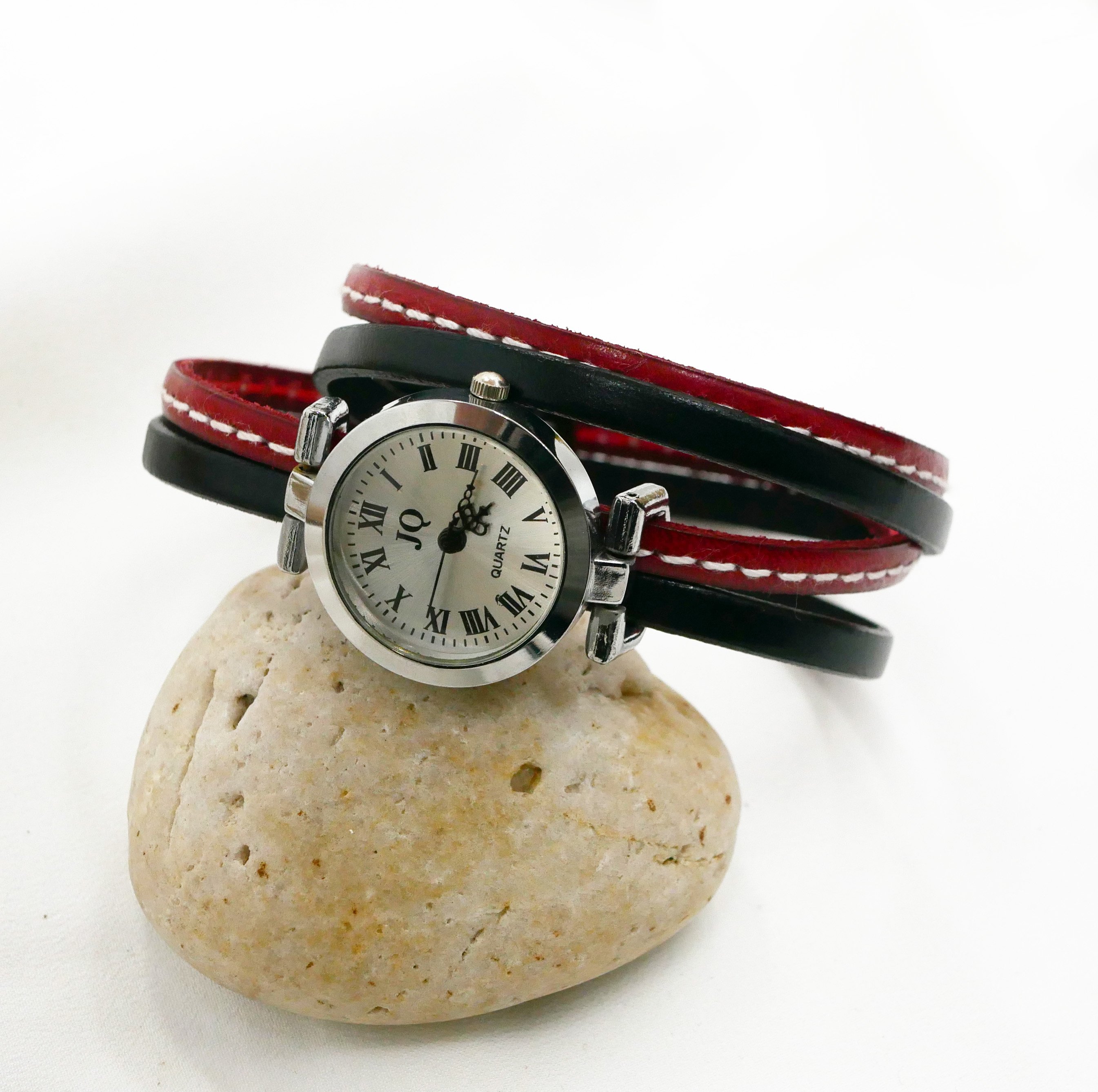 Montre bracelet double cuir Rouge aux surpiq&ucirc;res 