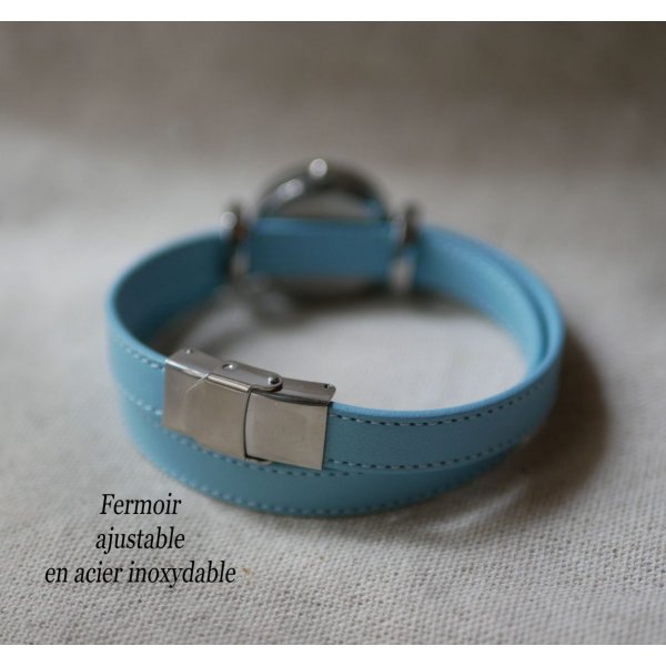Montre bracelet double tour en cuir couture bleu ciel