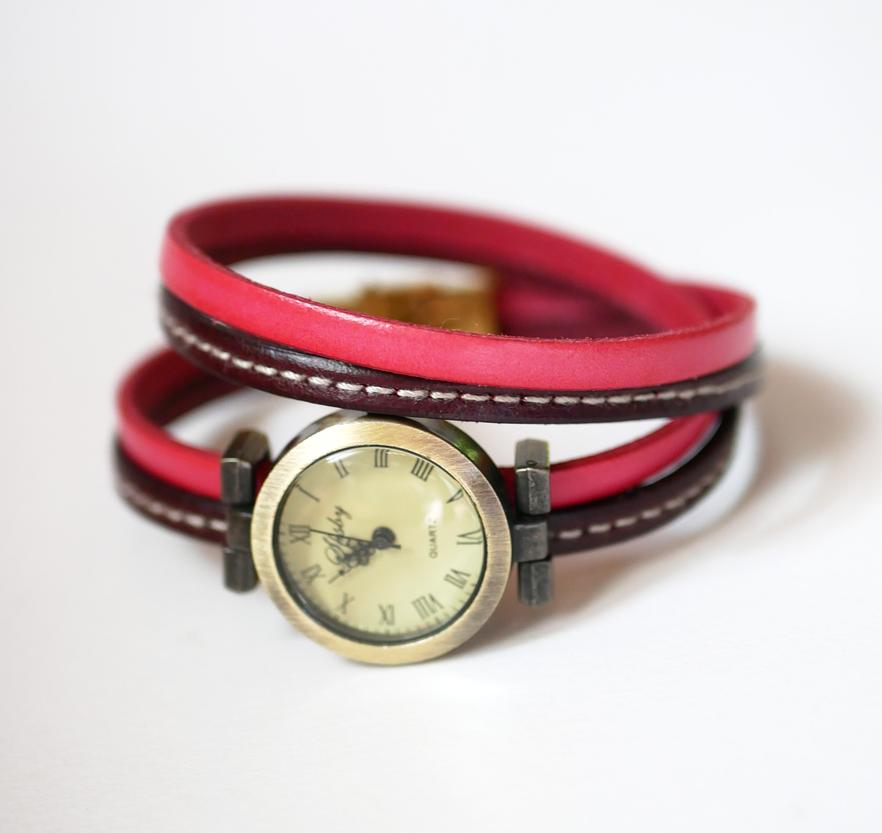 Montre bracelet double tour et duo de cuirs marron à surpiqûres à personnaliser