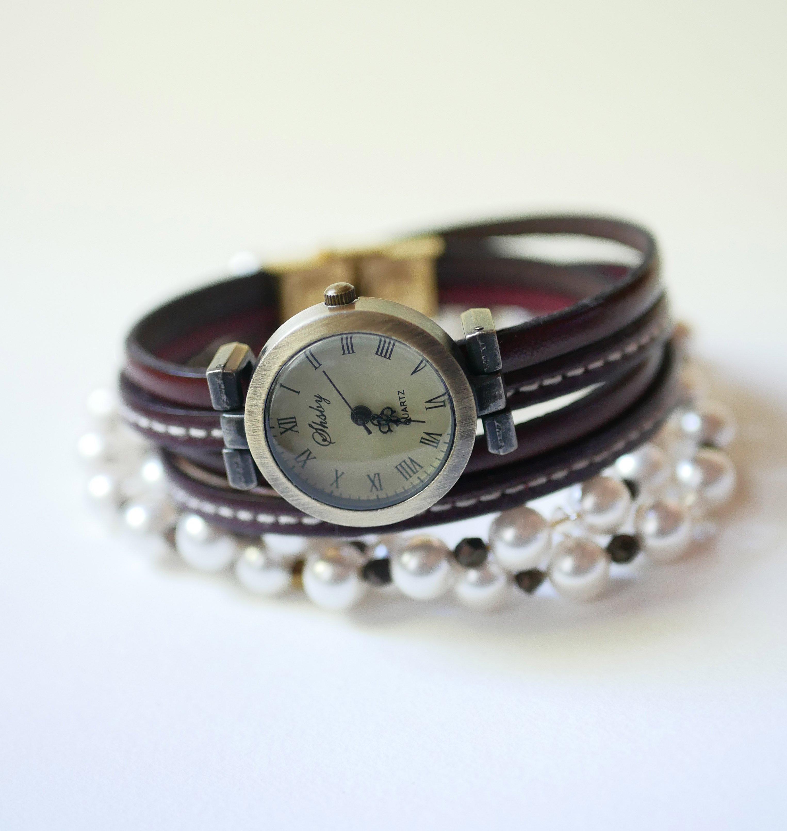 Montre bracelet double tour et duo de cuirs marron à surpiqûres à personnaliser