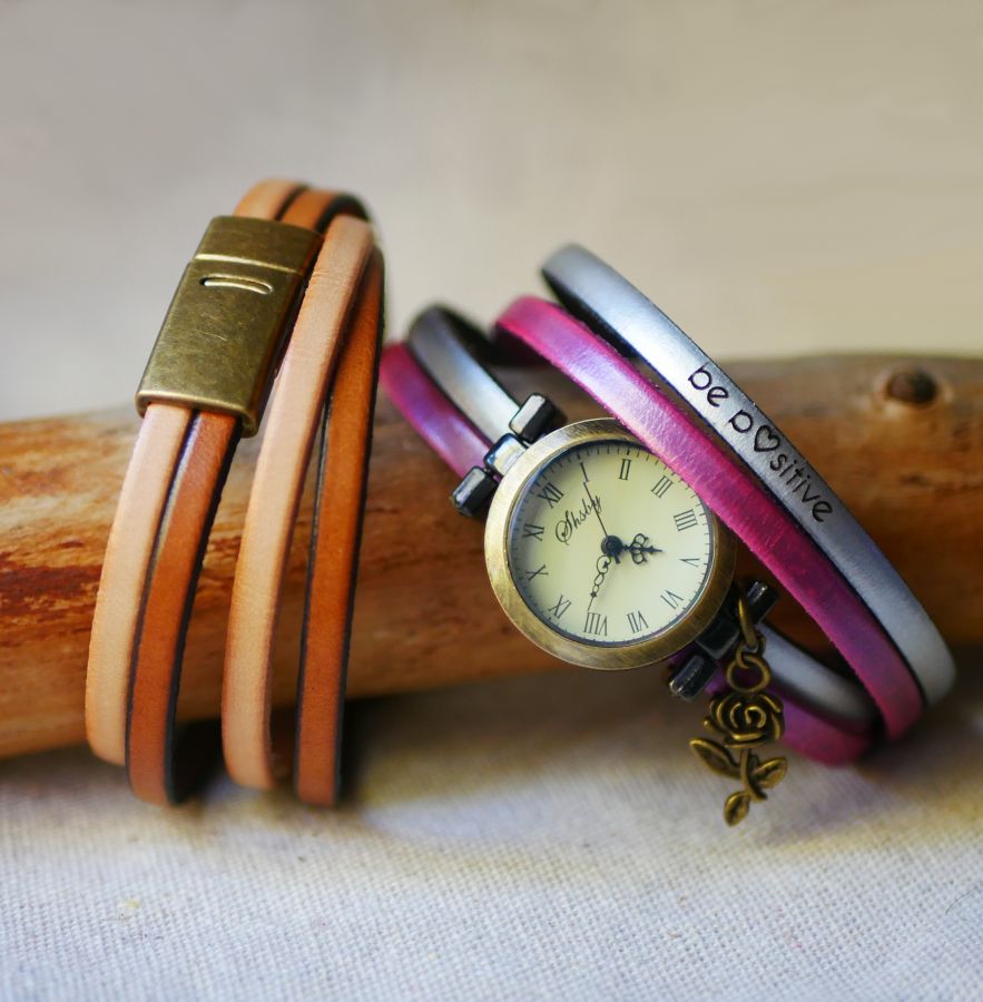 Montre bracelet personnalisable double tour en cuir duo de couleurs