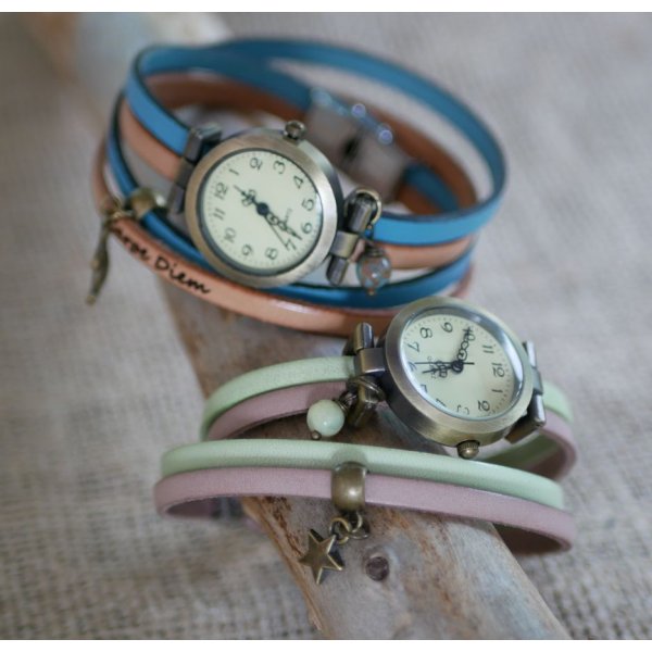 Montre bracelet personnalisable double tour en cuir avec pendentif