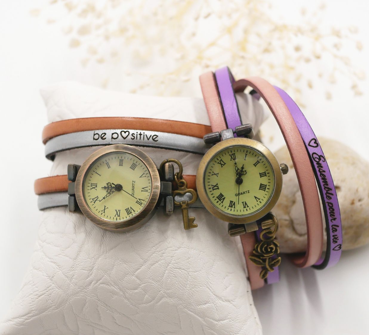 Montre bracelet personnalisable double tour en cuir duo de couleurs