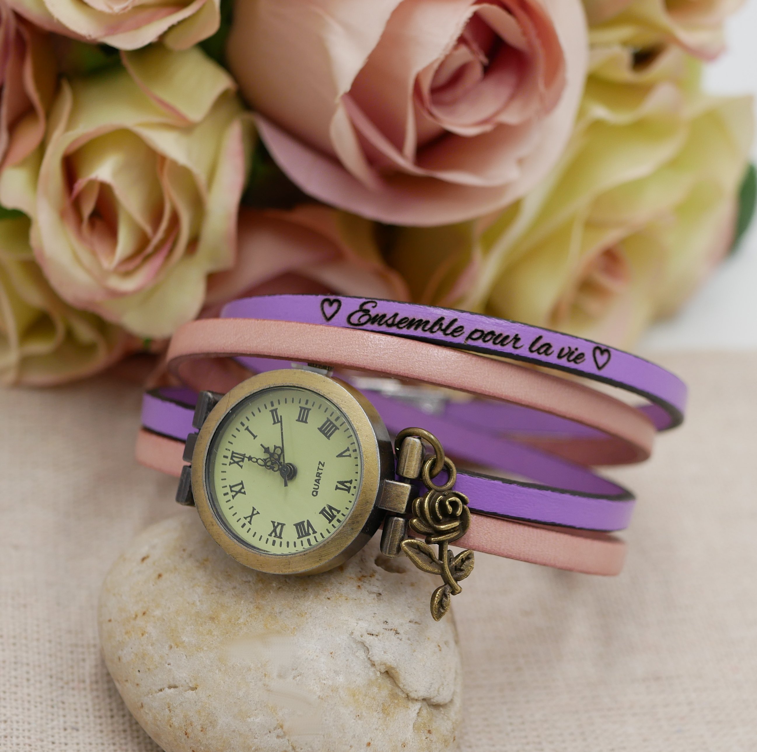 Montre bracelet personnalis&eacute; double tour en cuir duo cadran chiffres arabes