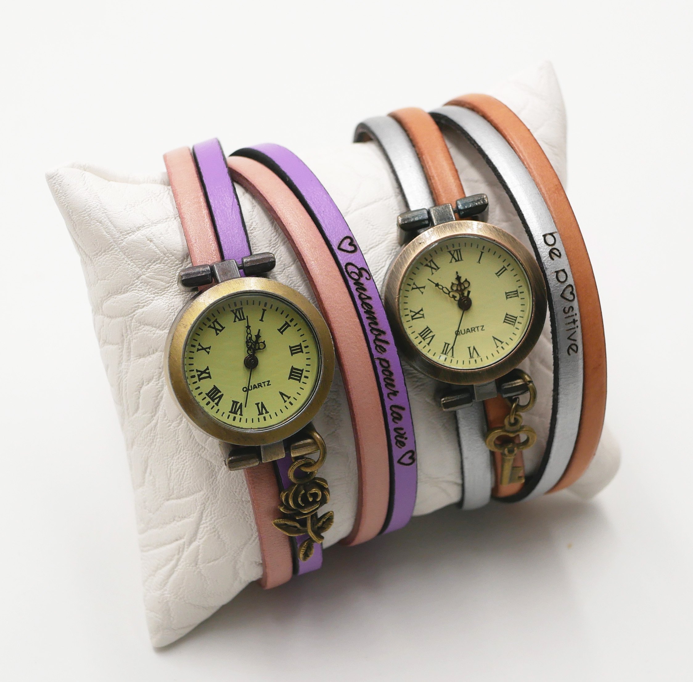 Montre bracelet personnalis&eacute; double tour en cuir duo cadran chiffres arabes