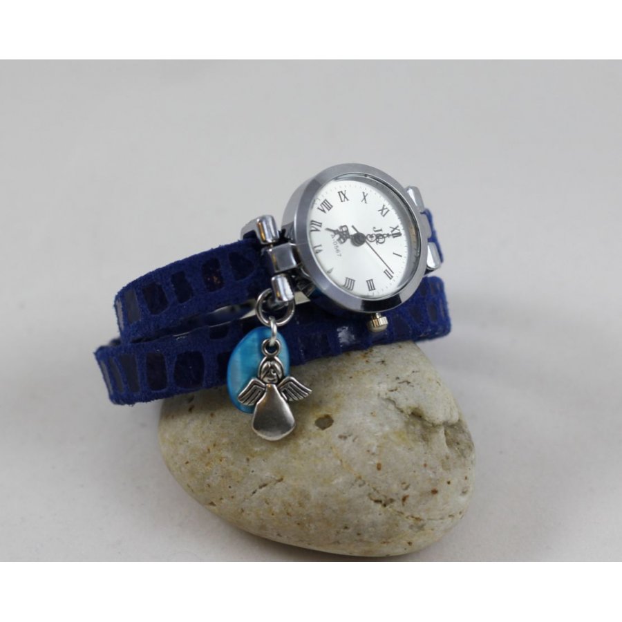 Montre bracelet suédine bleu 2 tours cadran argenté