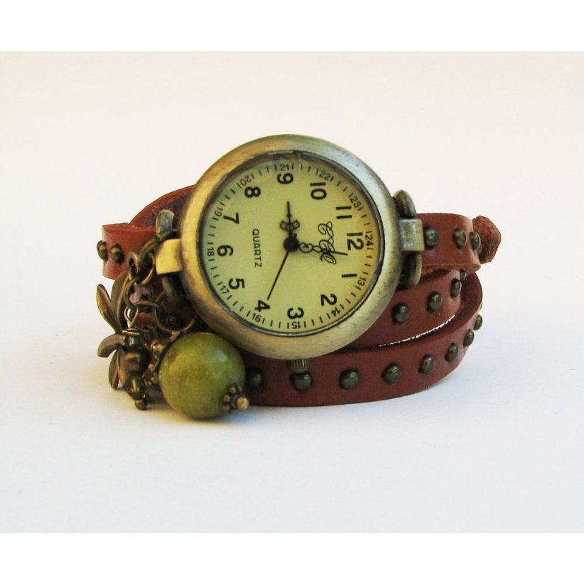 Montre bracelet 3 tours cuir clous Libellule + perle olive