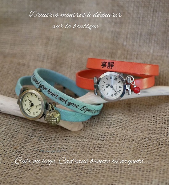 Montre bracelet 5 tours de cuir aux grosses perles argent&eacute;es