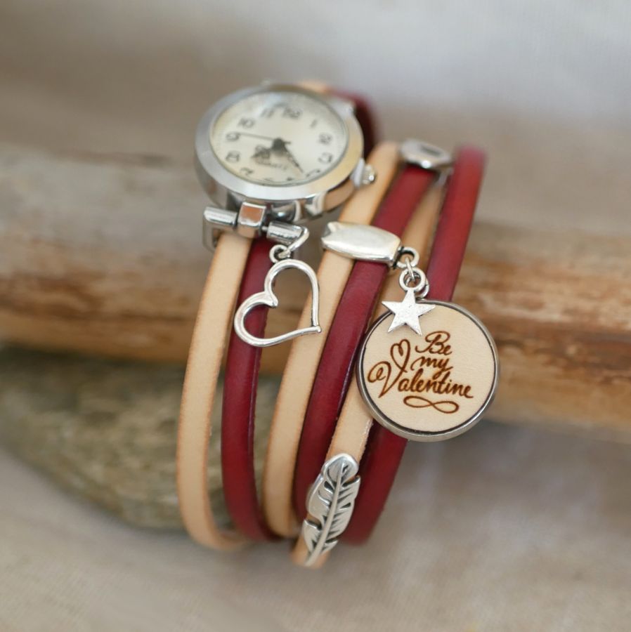 Montre bracelet triple tour en duo de cuir et cabochon bois à personnaliser 