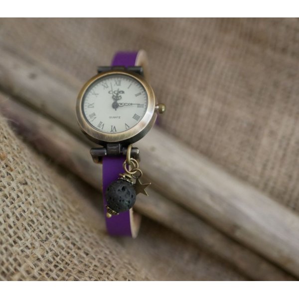 Montre breloque pierre de lave diffuseur au bracelet cuir au choix