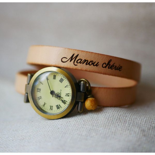 Montre bronze bracelet cuir 2 tours fermoir ajustable