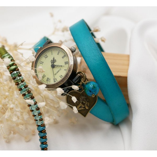 Montre bronze bracelet cuir 2 tours fermoir ajustable