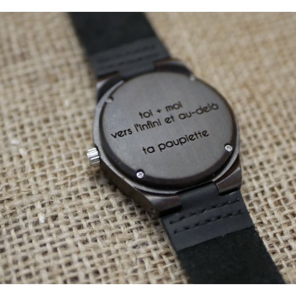 Montre cadran bois noyer sur cuir Noir à personnaliser