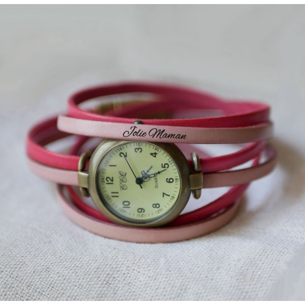 Montre gros cadran vintage bronze au bracelet triple tour cuir personnalisé