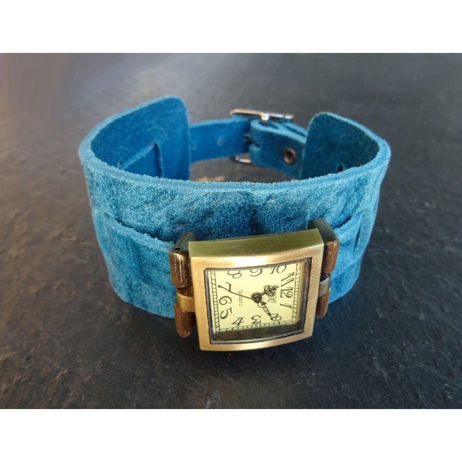 Montre carrée manchette cuir bleu