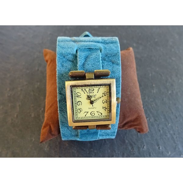 Montre carrée manchette cuir bleu