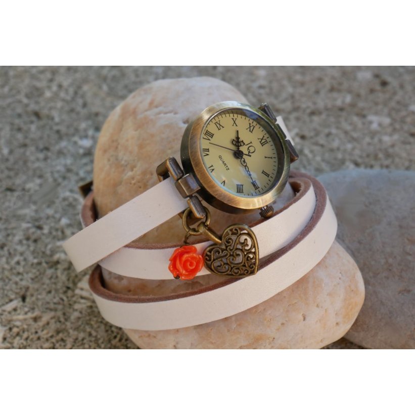 Montre Coeur et rose au choix, bracelet cuir 