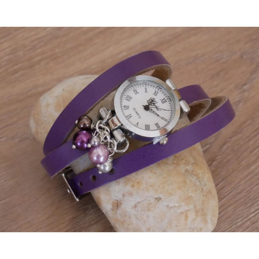 Montre cuir Violet cascade de perles nacrées à personnalisation