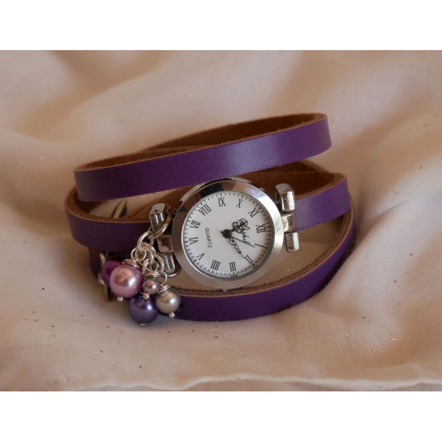 Montre cuir Violet cascade de perles nacrées à personnalisation