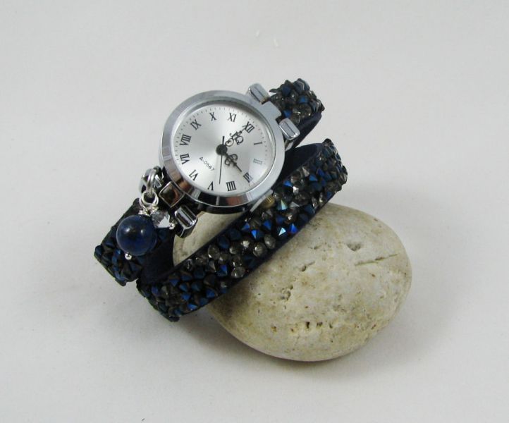 Montre double bracelet strass bleu