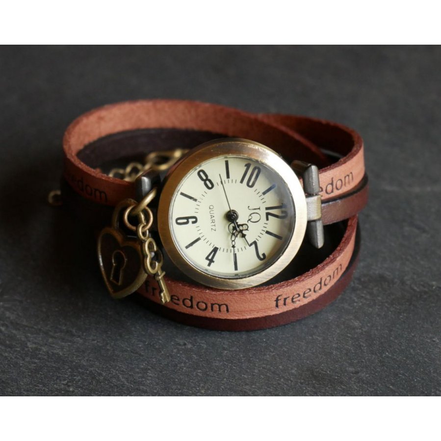 Montre double cuir Freedom coeur et clef