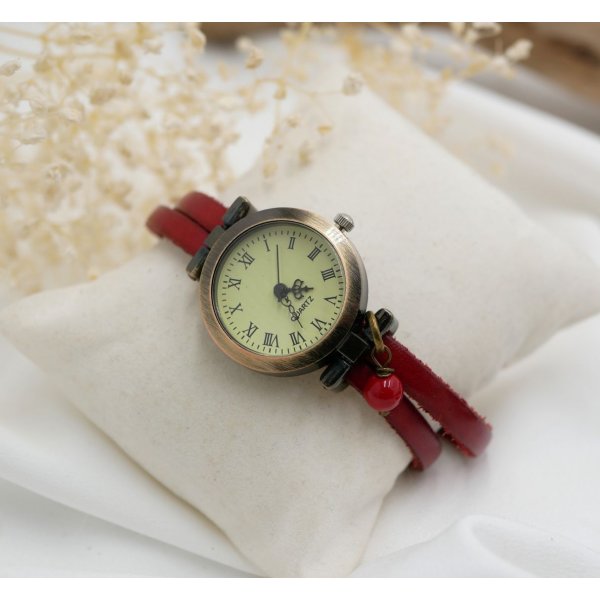 Montre femme au bracelet double cuir fin couleur au choix 