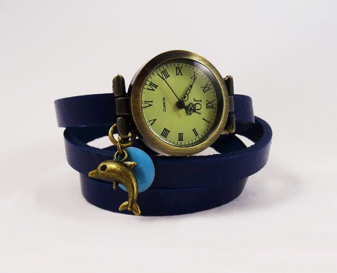 Montre fille bracelet cuir bleu Dauphin