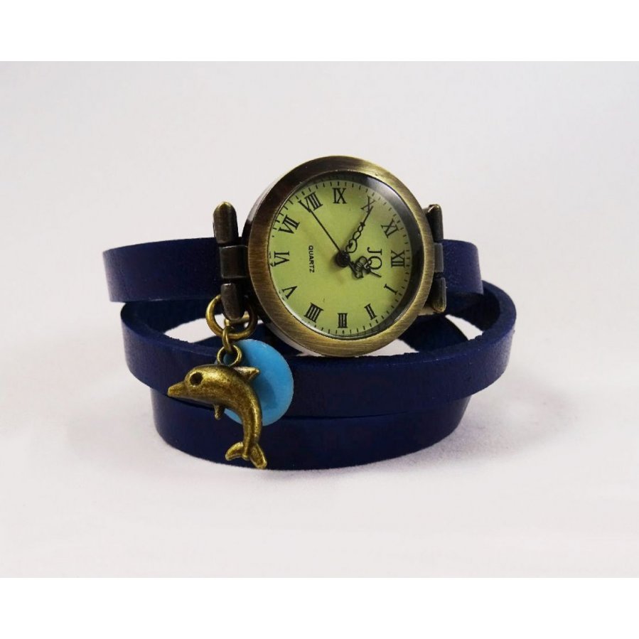 Montre fille bracelet cuir bleu Dauphin