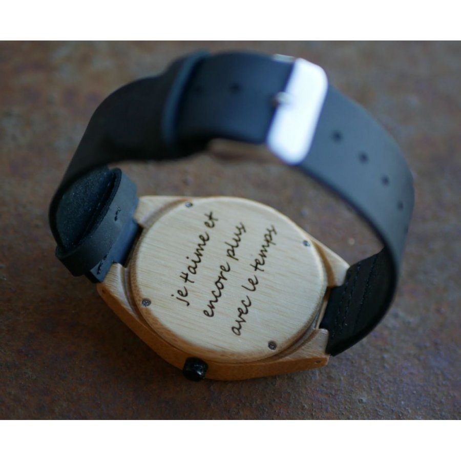 Montre homme bambou gravé sur bracelet cuir Noir à personnaliser