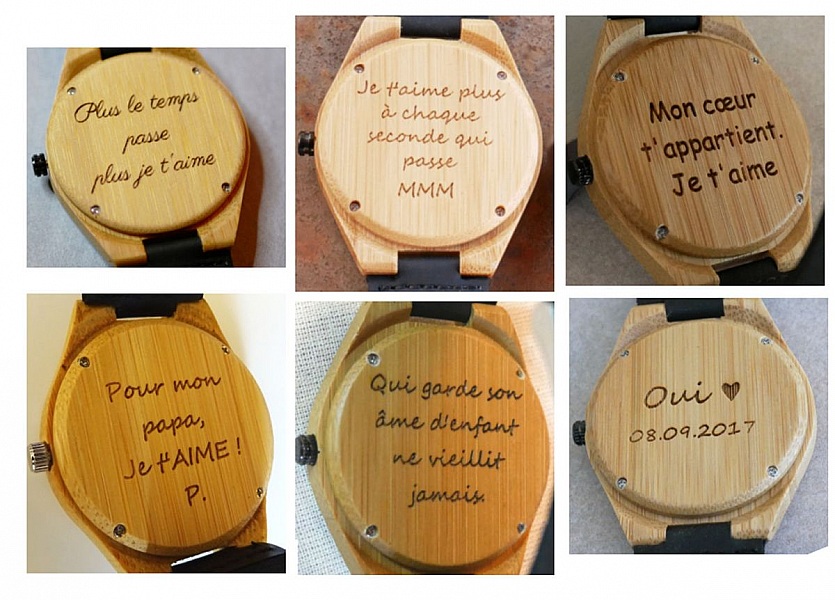 Montre homme bambou grav&eacute; sur bracelet cuir Noir &agrave; personnaliser