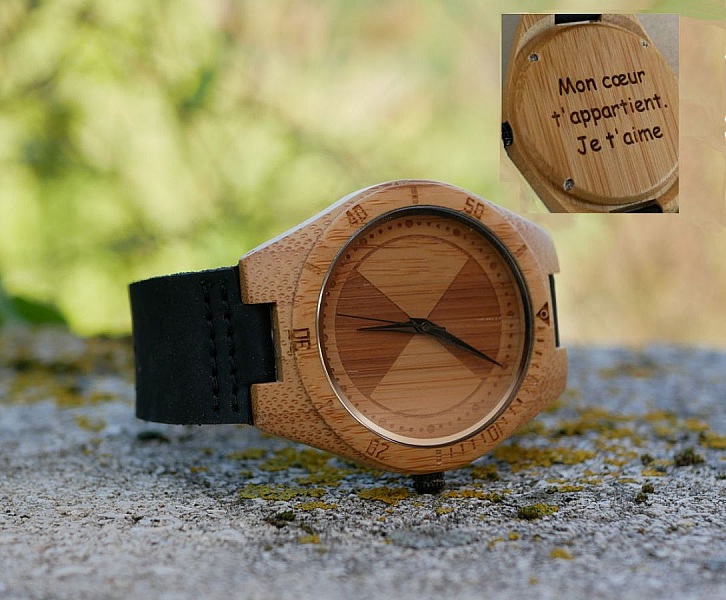 Montre homme bambou grav&eacute; sur bracelet cuir Noir &agrave; personnaliser