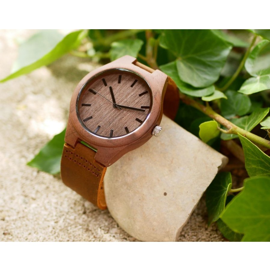 Montre homme bois sur cuir marron à graver