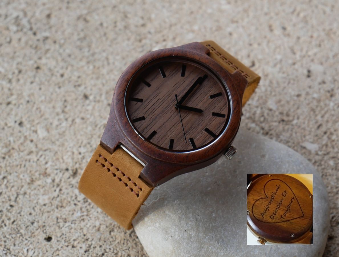 Montre homme bois sur cuir marron à graver