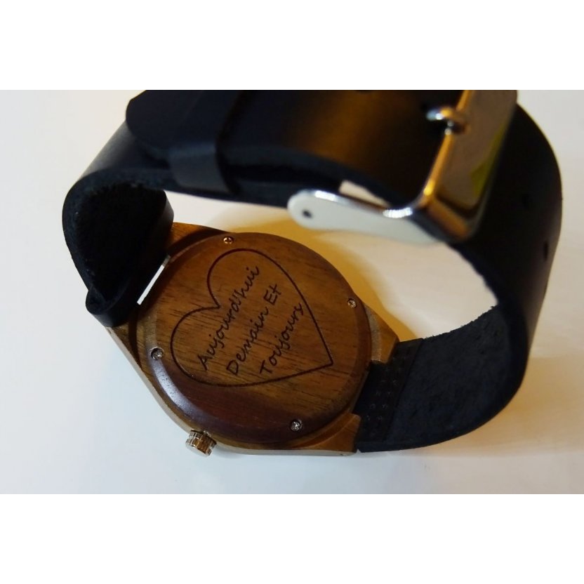 Montre petit cadran bois personnalisable sur cuir Noir 