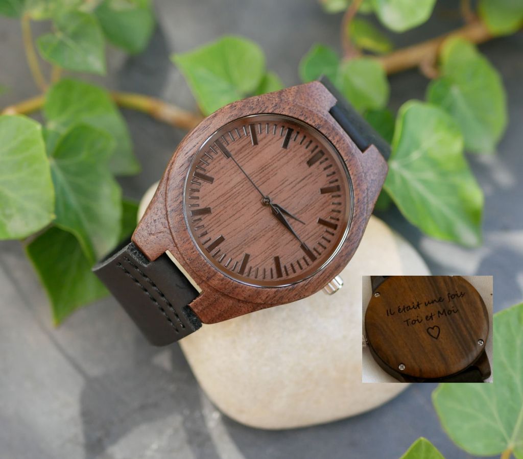 Montre homme bois Noyer sur cuir Noir à graver