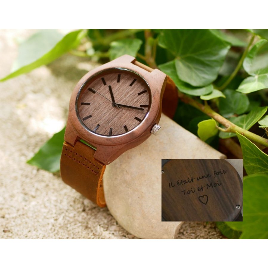 Montre homme bois Noyer sur cuir Marron à graver