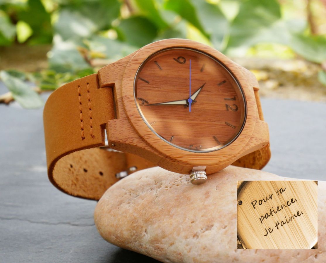 Montre en bois Montre homme cadran bambou bracelet cuir
