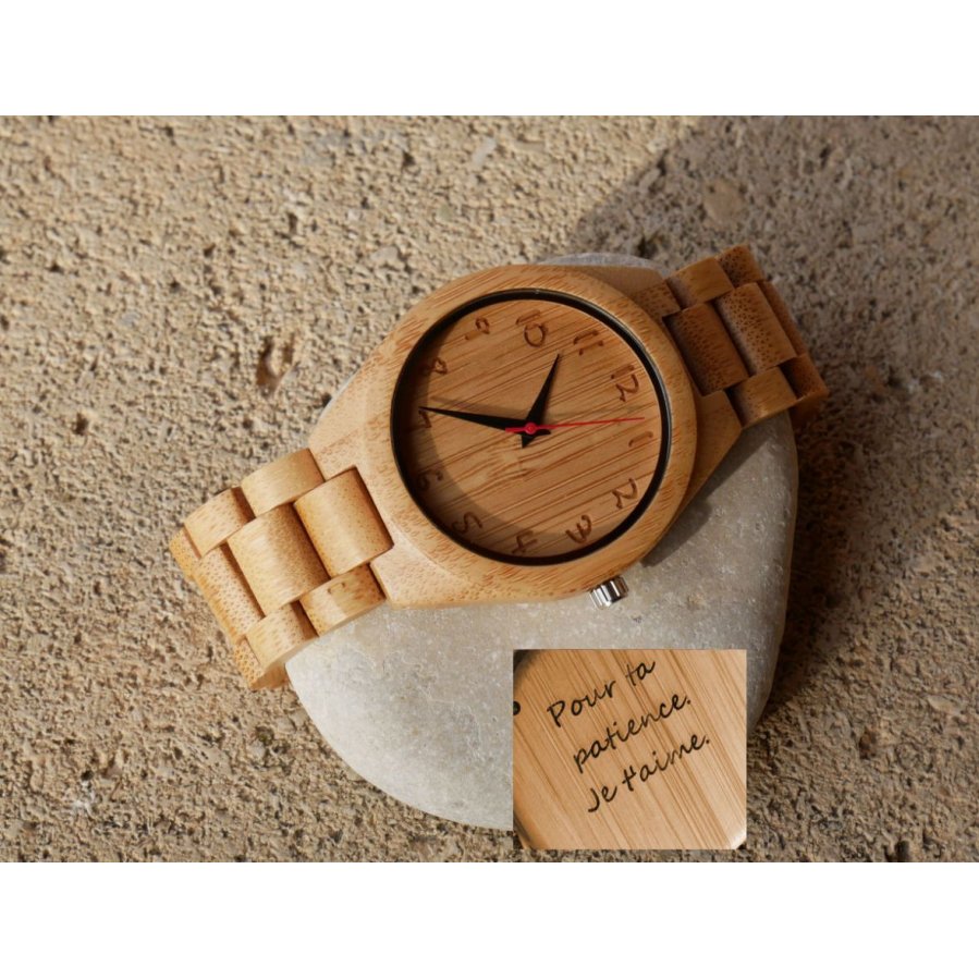 Montre homme cadran et bracelet en bois bambou  à personnaliser